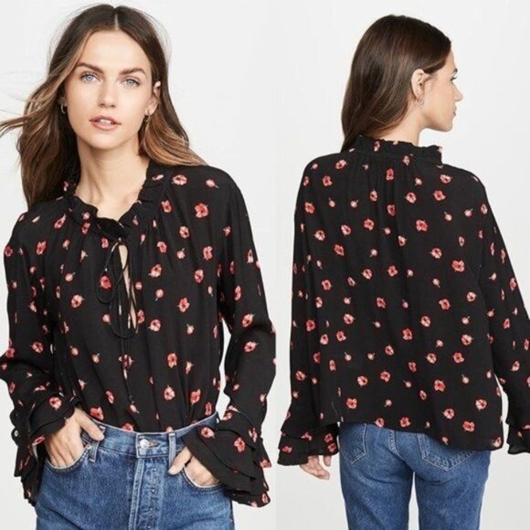 Cleobella Phoebe Black And Red Floral Blouse Size Xxs Ruffle Sleeve - Picture 5 of 9